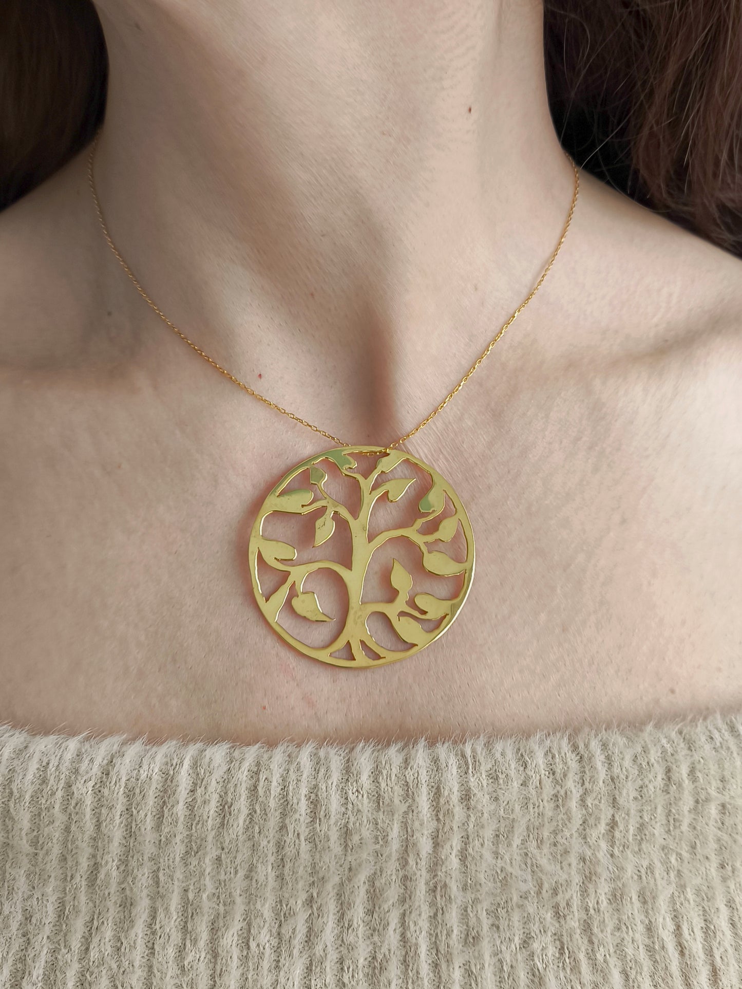 hayat ağacı büyük kolye – 22 ayar altın kaplama pirinç tasarım