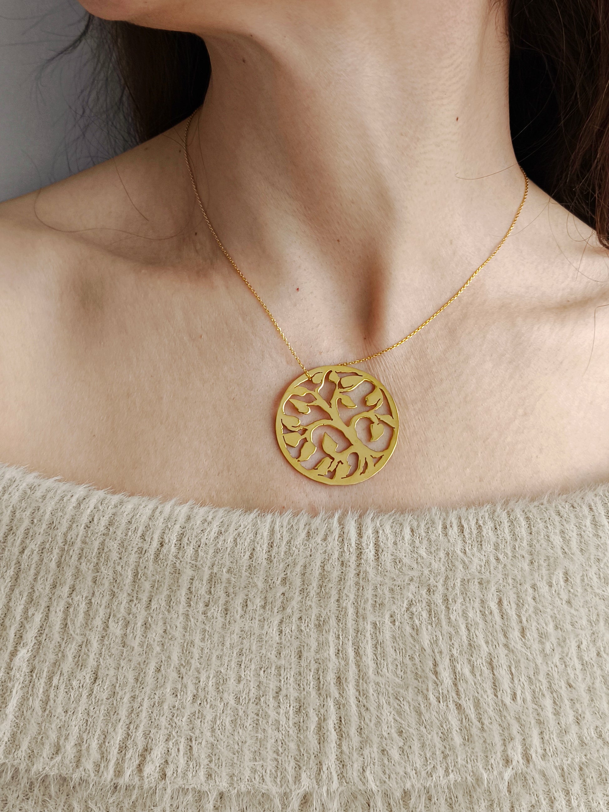 hayat ağacı kolye orta boy – altın kaplama pirinç gümüş zincirli tasarım