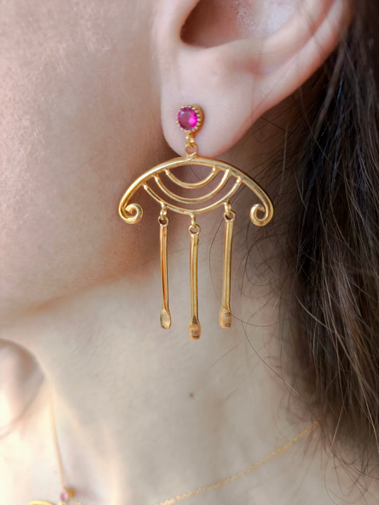 altın kaplama otantik küpe – pembe zirkon taşlı gümüş küpe – bolluk sembollü takı