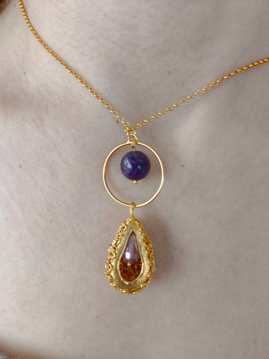 suyun döngüsü kolye – ametist ve pembe zirkon taşlı altın kaplama tasarım