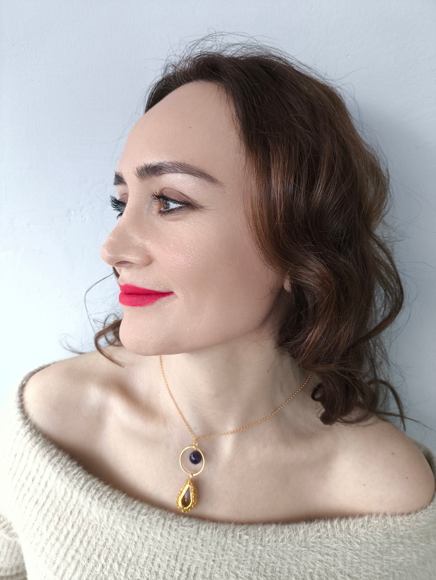 suyun döngüsü kolye – ametist ve pembe zirkon taşlı altın kaplama tasarım