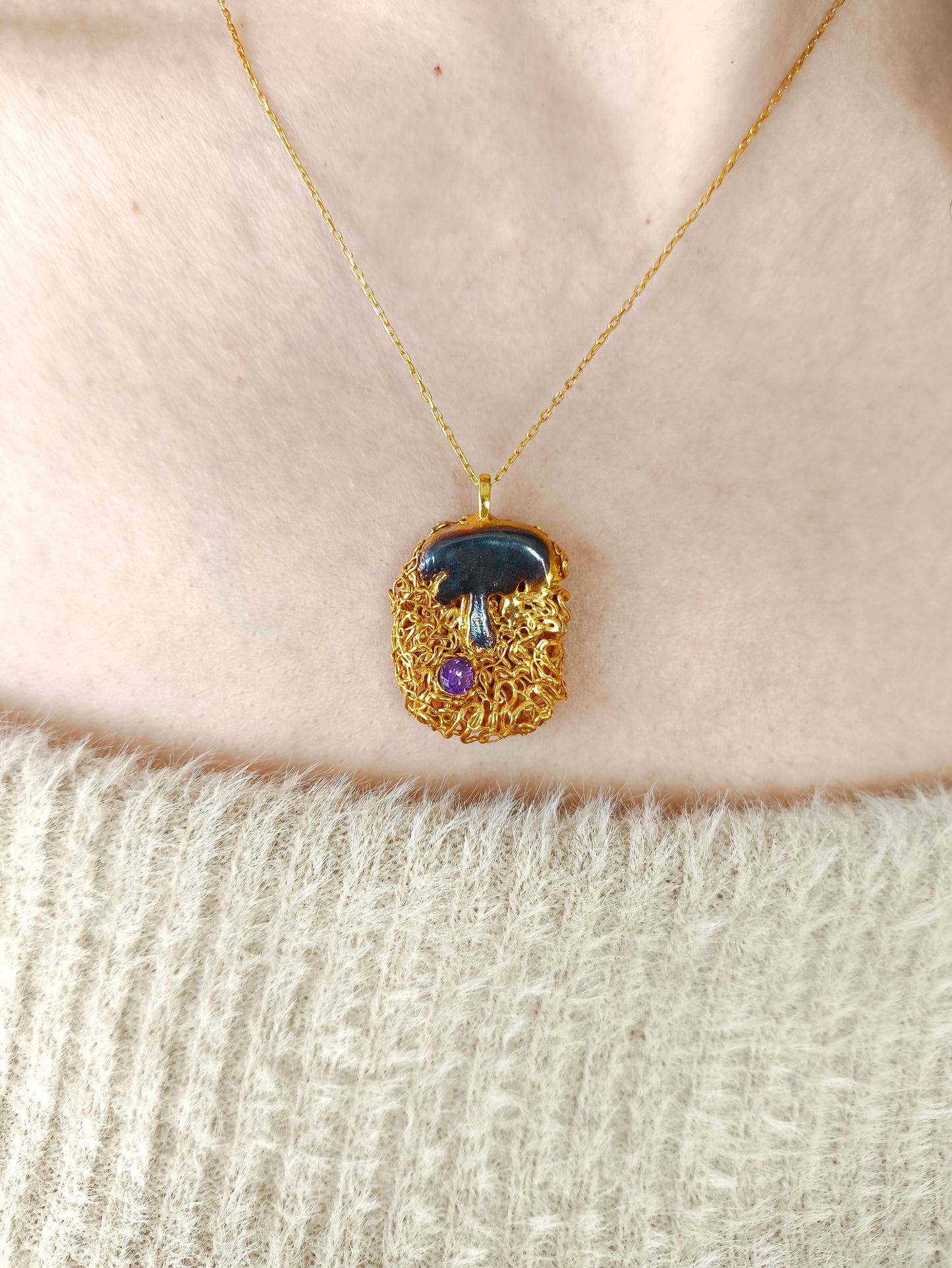 suyun akışı kolye – mor zirkon taşlı bronz altın rodyum kaplama takı