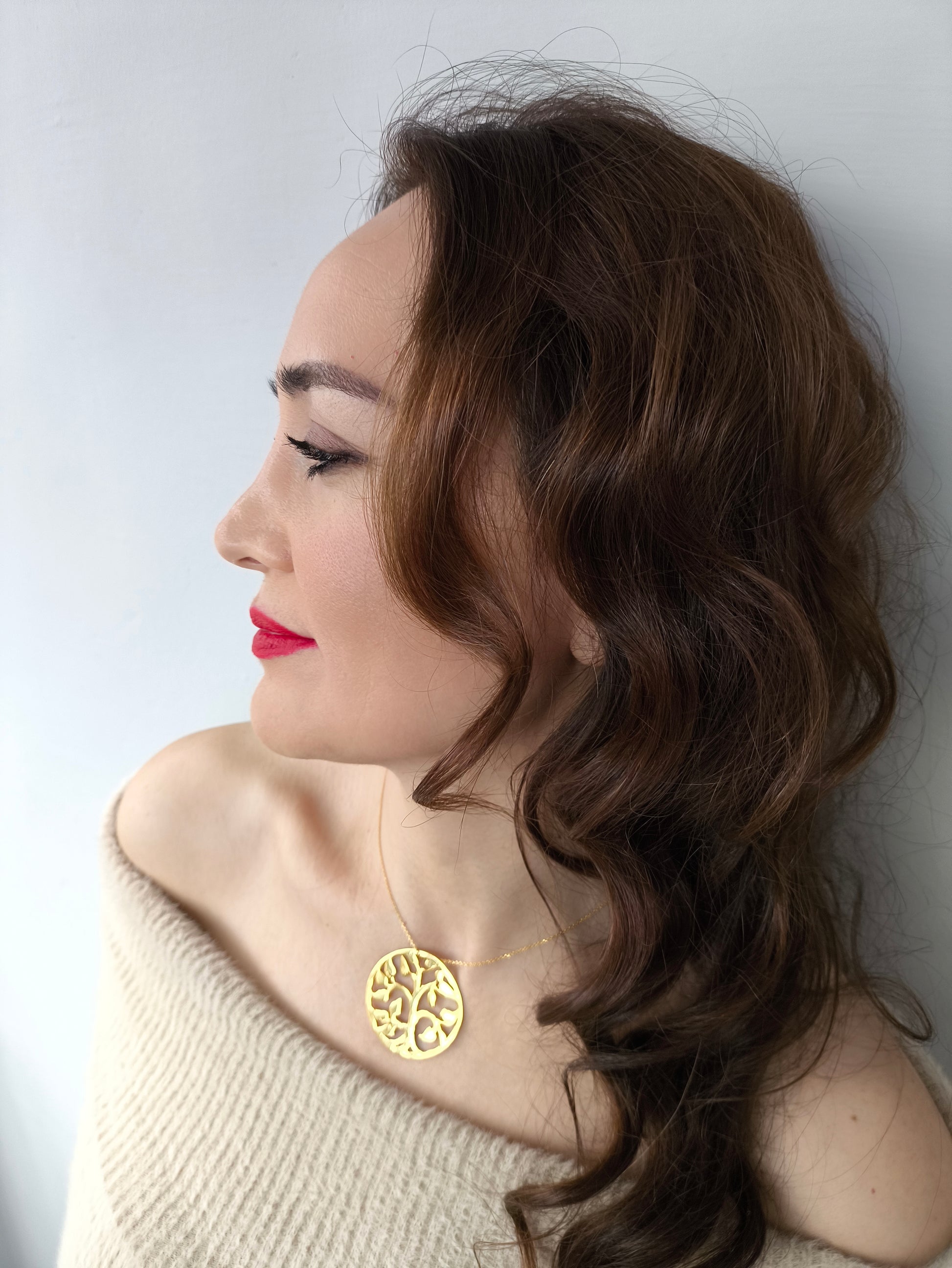 hayat ağacı kolye orta boy – altın kaplama pirinç gümüş zincirli tasarım