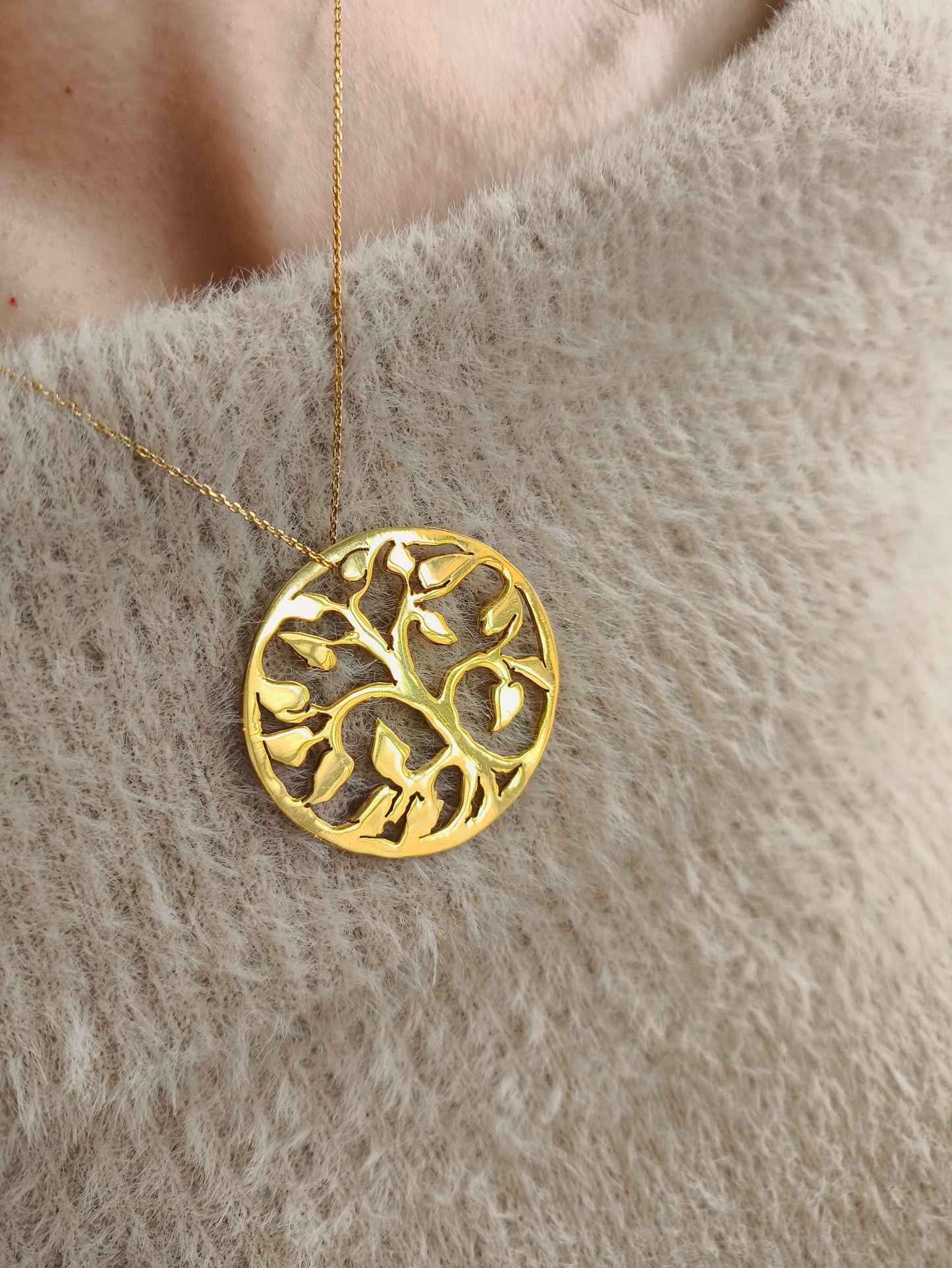 hayat ağacı kolye orta boy – altın kaplama pirinç gümüş zincirli tasarım
