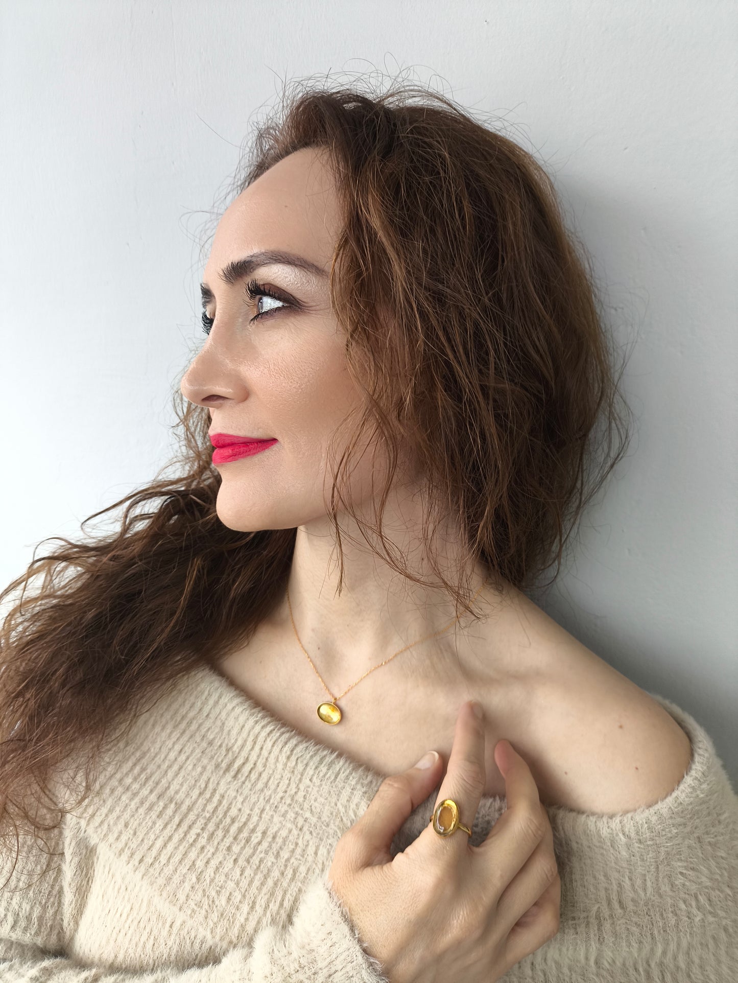 sitrin kolye – altın kaplama gümüş ve doğal sitrin taşlı enerji uyumlu takı